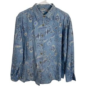 Cabin Creek Vintage Floral Denim Button Down Shirt Blue Cotton Womens XL